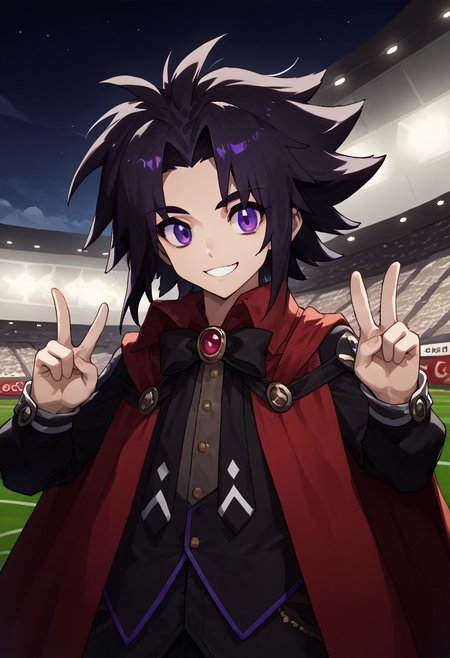 score_9, score_8_up, score_7_up, source_anime BREAK 1girl, solo, <lora:chyko-artist-richy-v1_pdxl:1.0>,  ,1boy,magician,Libya,spiked_hair,black_hair,purple eyes,smile,cape,<lora:revin_brenten:0.9>,stadium, double V