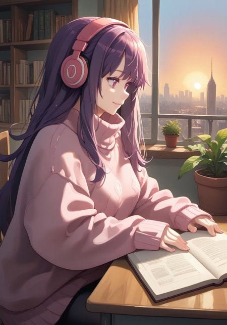 score_9, score_8_up, score_7_up, 1girl, masterpiece, best quality, amazing quality, masterpiece,best quality, long purple hair, multicolored hair, bangs, shiny eyes, pale skin, faint smile, small smile, loose hair, cerulean pink sweater, baggy sweater, (long hair:1.5), leggings, bedroom, big pink headphones, reading a book, lofi, sitting, view from side, window in the background, cluttered desk, thinking, textbook, notebook, potted plant, golden hour, sunset, cityscape, deskchair, Akino_Sora style,