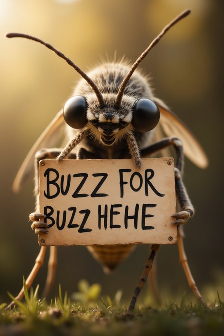 photorealistic cinematic, real Mosquito holding a sign that says "BUZZ FOR BUZZ HEHE"