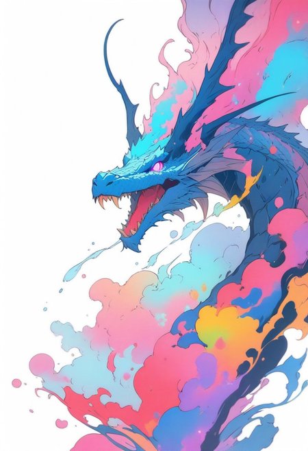 Highest quality, (masterpiece:1.5),  
(accurate line:1.6), fantazy art, high Realism art, real face, blue glowing eyes, official art, flat color, colorful, white background, floating colorful water a dragon, sideview, fullbody,