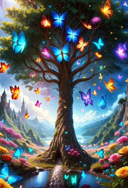 score_9, score_8_up, score_7_up, score_6_up, score_5_up, score_4_up, Magical Forest scenery,looking at the viewer, ultra realistic extremely detailed, meadow, castle crystal clear lake, trees, realistic highly detailed colorful field of flowers, (soft particles of fractal energy:1.3), depth of filed, (neon light particles:1.1), ultra-detailed,extremely delicate cute and beautiful,masterpiece,best quality, cinematic angle, cinematic lights, vibrant, vivid color,movie lens,movie special effects,detailed details,HDR,UHD,32K,concept art, magical scenery at daylight, (colorful butterflies:1.6), (full body:1.9), sharp focus, intricate details, iluminated by bright colors, (colorful flowers:1.3), (colorful particles:1.3), soft skin, (adorable look:1.8)(glowing tones:1.6),(glitter tones:1.2), beautiful,  <lora:ral-fntsyrlms-sdxl:1> ral-fntsyrlms