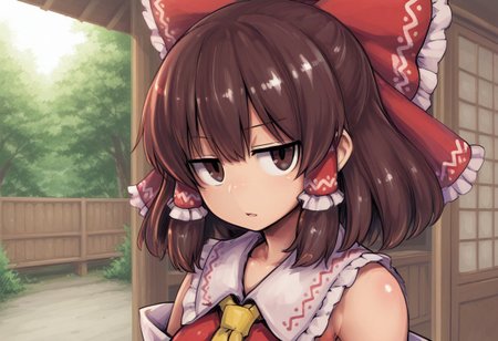 best quality, hires, 
1girl, solo, hakurei reimu, jitome, open mouth,
looking at viewer,