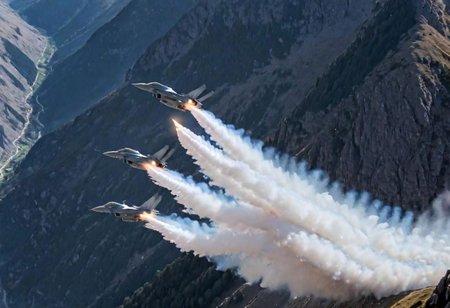 (Pilots flying the Euro Fighter jets between  mountains), (displaying the low level flying capabilities of the Euro Fighter jets), hitting amazing speeds as the tilt and wind through the  valleys and canyons, (view from side of euro fighter jets), (launching missiles with a stream of white vapors with flames), (a true display of military might power), (motion scenes), (pain staking attention to fine details of the jets) ,4k, surreal, (epic photography),