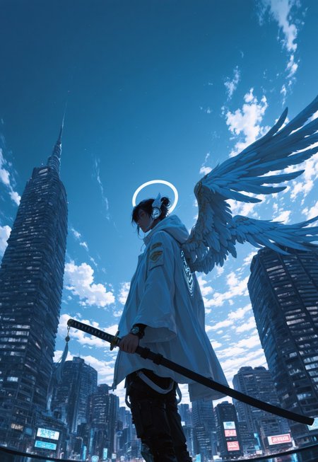 sky, weapon, sheath, sword, angel, 1boy, cloud, city, holding, male focus, building, sheathed, holding weapon, angel wings, black hair, outdoors, solo, jacket, holding sword, hood, katana, dark skin, feathered wings, cityscape, cloudy sky, skyscraper, scabbard, fisheye, foreground, detailed lighting, kodachrome, masterpiece, best quality, (ultra detailed), high quality, very aesthetic, 8k, newest, aetrnm2