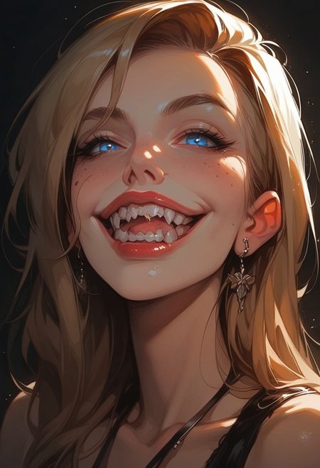 (score_9, score_8_up), score_7_up, score_6_up,  volumetric lighting, BREAK, Ellie_Buckingham 1girl, solo, blue eyes, blonde hair, long hair, breasts, large breasts, 
1 girl, portrait shot, close up on face, teeth, open mouth, smile, grin, sharp teeth, glowing eyes
y0u4r34lr34dyfuck3dupsm1l3, YouAreAlreadyFuckedUpSmile, sololevelingstatuesmile,