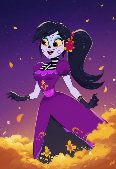 score_9, score_8_up, score_7_up, 1girl, solo, Catalina la catrina, black hair, ponytail, hair flower, yellow sclera, purple skin, purple eyes, makeup, bodypaint, medium breasts, purple dress, puffy sleeves, black gloves, dynamic angle, night sky, stars, wind, windy, falling petals, tree, flowers