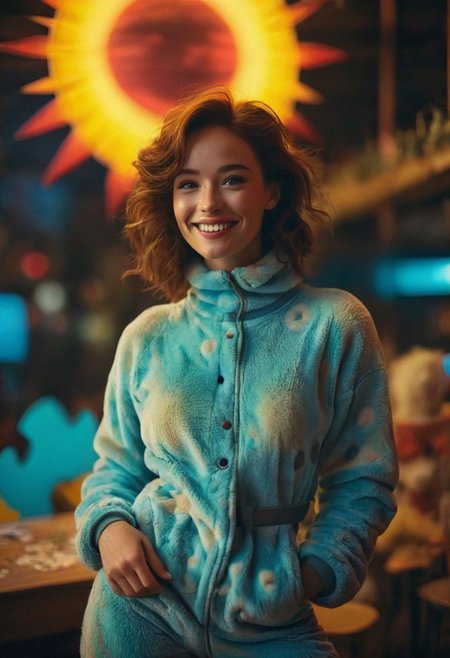Blade Runner Style, a Slender Natural blushed freckled smiling Woman in dragon costume, in fluffy Fleece Bodysuit and skintight Pastel striped Shirt, dark natural palette, in cozy lighting, (intricate details, masterpiece)
very detailed, deep blacks, infront of giant sun dawn Made of Jigsaw puzzle pieces,
atmospheric haze, Film grain, cinematic film still, highly detailed, high budget, cinemascope, moody, epic, OverallDetail, gorgeous, 2000s vintage RAW photo, photorealistic, candid camera, color graded cinematic, eye catchlights, atmospheric lighting, skin pores, imperfections, natural, shallow dof