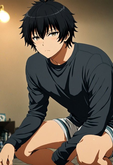high resolution, solo, best quality, 1Boy, Seiya Kanie, black hair, short hair, thin, lofi, candid, squat, depth of field, photo model, looking at viewer, OverallDetail