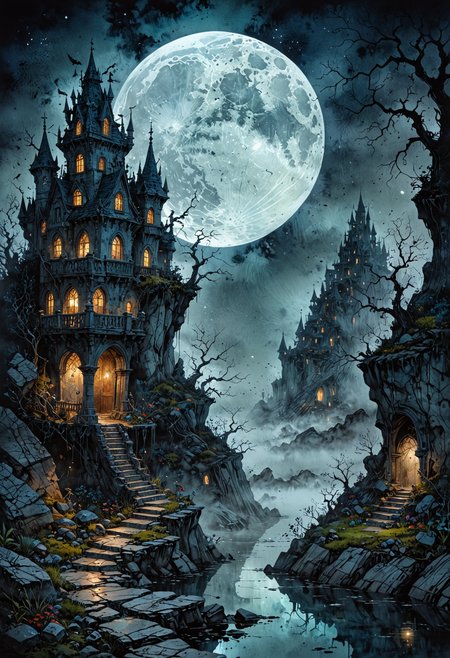 Lost Land of otherworldly dreams, fantasy, magic, watercolor, ink, acrylic, double exposure, mythological, great detail,  mid-night, moon, fog, gothic gloom,  art on a cracked paper, storybook detailed illustration, cinematic, ultra highly detailed, tiny details, beautiful details, mystical, luminism, vibrant colors   <lora:EpicF4nta5yXL:0.8>