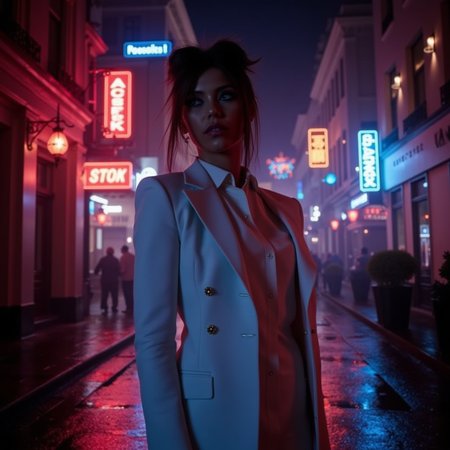 futuristic style neon noir surrealist art analog photography, analog photo, a stunning woman in a  gothic mansion, she's wearing a white women's suit, white blouse . A candid, close up shot <lora:Riley_Voelkel:1> rileyv . dreamlike, mysterious, provocative, symbolic, intricate, detailed . cyberpunk, dark, rainy streets, neon signs, high contrast, low light, vibrant, highly detailed . sleek, modern, ultramodern, high tech, detailed