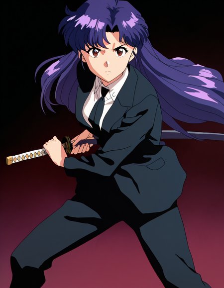 masterpiece, best quality, newest, absurdres, highres, safe,, <lora:misato-katsuragi-classic-ponyxl-lora-nochekaiser:1>, misato katsuragi, long hair, brown eyes, purple hair, parted bangs, medium breasts, anime screencap, <lora:battoujutsu-stance-illustriousxl-lora-nochekaiser:1>, battoujutsu stance, looking at viewer, holding, weapon, sword, holding weapon, holding sword, standing, katana, sheath, sheathed, fighting stance, ready to draw, shirt, long sleeves, jacket, white shirt, necktie, collared shirt, pants, black jacket, floating hair, black pants, formal, suit, black necktie, black suit, pant suit,, ,