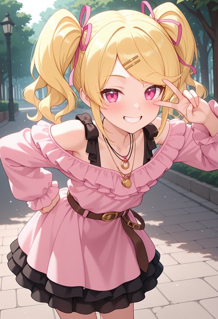 highres, best quality, masterpiece, outdoors, light particles, 
1girl, solo, rlpmski, twintails, wavy hair, blonde hair, swept bangs, hairclip, hair ribbon, pink ribbon, pink eyes,
multiple necklaces, black strap, pink dress, frilled shirt, off shoulder, long sleeves, belt, black skirt, layered skirt, skirt under dress,
looking at viewer, blush, smile, teeth,
standing, hand on own hip, leaning forward, v over eye, 
<lora:_misaki_pcr-elesico-ilxlA:1>