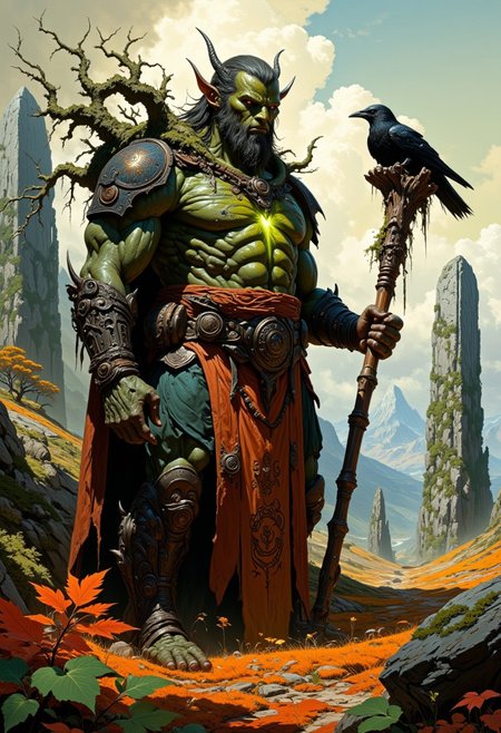 A weathered orc druid in tattered robes, standing tall in the middle of a stone circle, ancient monoliths covered in vines surround him, the orange and red hues of autumn leaves swirl in the air, his gnarled wooden staff glowing with faint green light, pagan runes etched into his skin, a raven perched on his shoulder, the vibe is mystical and serene, the field around is lush but fading into the cool embrace of autumn, with distant mist-covered mountains in the background.