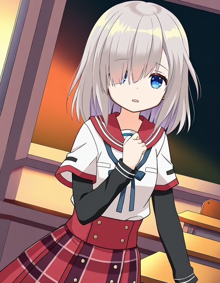 masterpiece, best quality, newest, absurdres, highres, safe, 1girl, isuzu ren \(school uniform\), magia record: mahou shoujo madoka magica gaiden, red skirt,  black sleeves, solo, classroom, dusk, dutch angle, <lora:isuzu_ren_noobaiXLNAIXL_vPred10Version:0.7>