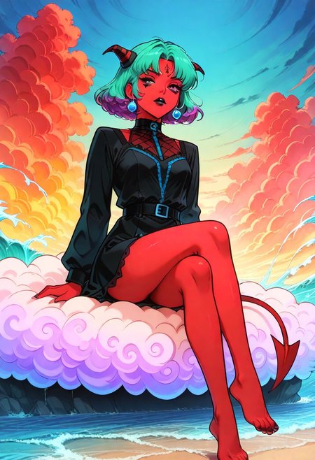 score_9, score_8_up, score_8, score_9, score_8_up, score_7_up, score_6_up, masterpiece, 4k, high quality, (best quality:1.1), (digitally drawn hyper-realistic artwork:1.3), (retro pop anime art:1.2), (gothic woman:1.3), (red skin:1.2), (eye makeup:1.2), (dark eyes:1.1), (black lips:1.1), (tall:1.3), (devil's tail:1.2), (black gown:1.2), (short skirt:1.2), (barefoot:1.1), (sitting on fluffy clouds:1.5), (blue accents:1.1), (waves made of lines:1.3), (electrical colors:1.4), (neon pink:1.2), (cobalt blue:1.2), (lime green:1.2), (bright yellow:1.2), (electric orange:1.2), (ultraviolet purple:1.2), (fluorescent teal:1.2), (crimson red:1.2). g0thic, neon,, DnD_Grainyboyz, grainy, noise