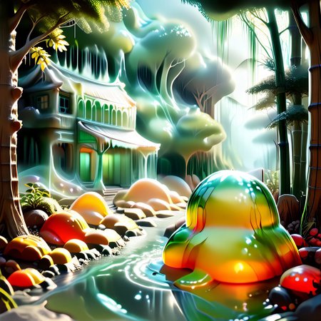 scenery made out of slime, bamboo made out of slime, green slime bamboo, brown slime wicker fence, brown slime pagoda, red slime brick path, 
BambooforP, background, bamboo forest, path,
everything made of slime, No simple background,
((translucent slime)), ((transparent slime)), (bioluminescent slime), sl1m3, slime, ais-blmn, watce, je11y, thickwater, great lighting, ral-lava