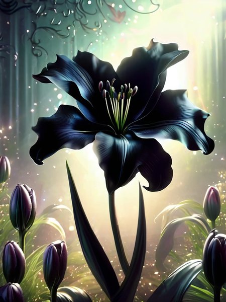 DonMM4g1cXL  fantasy black lily flower ingrid-elias-style lens flare, ominious fairyland background <lora:ingrid_elias_style_v2:1>  <lora:DonMM4g1cXL-v2.1:1>