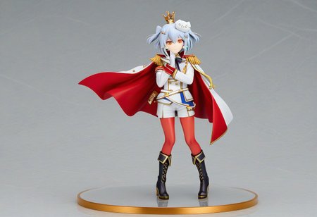 tamakiRoyal, 1boy, dghd, dog hair ornament,  hair ornament, blue hair, grey hair, orange eyes, short hair, crown, white gloves, neck ribbon, black ribbon, sleeve cuffs, uniform, red leggings, white jacket, long sleeves, cape, red cape, knee boots, black footwear, fold-over boots, epaulettes, aiguillette, armband, white shorts, white belt,