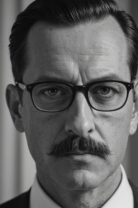 A close-up portrait of a man with moustache and glasses,looking serious into the camera. Black and white,high contrast,reminiscent of the cinematography of Freddie Young