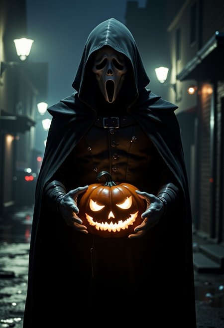 hyper realistic, ultra high quality, horror movie style, a photo of a man in a black cape with hood wearing a white mask from the movie scream, holding a pumpking with helloween face on it in his hands, in a narrow street, light from a few street lamps, dark mood, misty background at night, little light