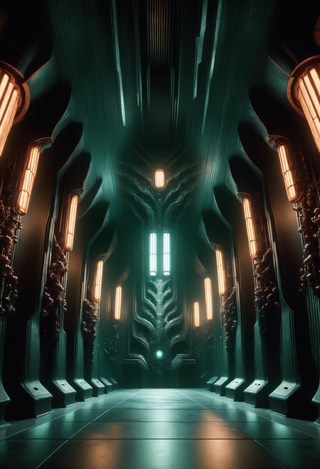 quantum particle accelerator lab, terracotta,onyx stone,metal roofing sheets, bio-luminescent algae, moving head lights,DonM3v1lM4dn355XL  <lora:DonM3v1lM4dn355XL-000010:1.2>