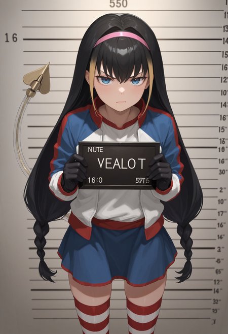 masterpiece,best quality,absurdres,highres,very aesthetic,high quality,detailed,insanely detailed,beautiful,perfect lighting, looking at viewer, 
tsk, annoyed face, volumetric lighting, dim background, mugshot
, solid white background, 1girl, solo, looking at viewer, upper body,   <lora:Lessar illu:1> 1girl, black hair, multicolored hair, two-tone hair, long hair, twin braids, braid, pink hairband, blue eyes, jacket, multicolored clothes, striped clothes, black gloves, blue skirt, striped thighhighs, zettai ryouiki, mechanical tail,