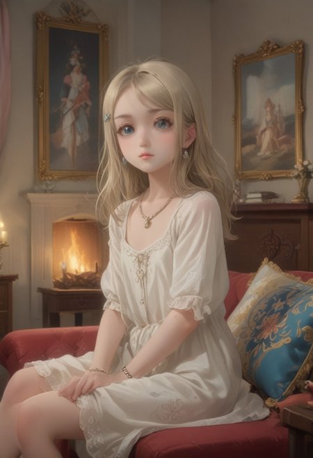 score_9, score_8_up, score_7_up, masterpiece, best quality, highly detailed, (masterpiece, best quality, highly detailed), very detailed face, hyperrealistic, (UHD quality details), beautiful face,
Sitting on luxurious sofa,
1 girl, legal age, young, petite, flat chest, small breast,
Luxurious earings, necklace, Bracelet,
1girl, solo, long hair, Blonde hair, blue eyes, hair clip,
Sitting on luxurious sofa,
Luxurious dining room, chateau, fireplace, fire in the fireplace, chandeliers, candles, window, carpet, curtains, paintings on the walls, table, sofa, 
Cowboy shot,  Dynamic move, Moving,
Working, 
Side view