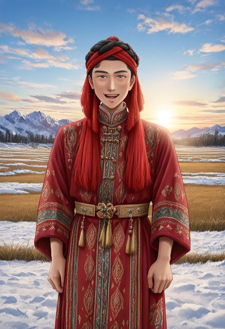 Khampa Tibetan Red Headknots
wearing Red Headknots,solo,1 handsome young man,,1 tibetan boy,happy,looking at the viewer
 anime screencap,tibetan dress, looking at viewer,grassland,sun,meadow,cloudy sky,blue sky,winter,snow