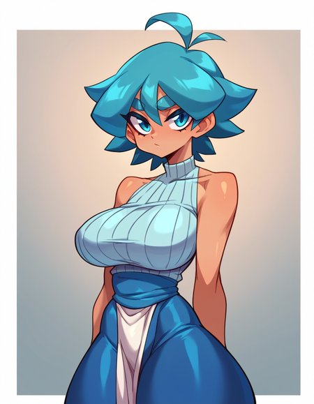 score_9, score_8_up, score_7_up, score_6_up, score_5_up, score_4_up, 1girl, solo, upper body, close-up, 
 <lora:Ploxy v1:0.8> Ploxy, thick eyebrows, cyan hair, half-up, half-down hairstyle, cyan eyes, big breasts, looking at viewer,
ribbed tank top, frilled pelvic curtain, long skirt, blue thighband pantyhose, uwabaki,