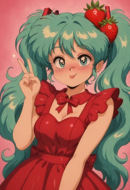 masterpiece, best quality,
(LARGE STRAWBERRIES),
1girl, solo, hatsune miku \(cosplay\), short twintails, wavy hair, smile, blush, retro artstyle, v, tongue, strbrry, red dress, strbrry dress, 
upper body,