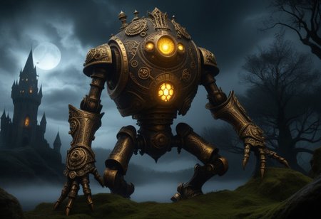 giant bipedal robot brass and dark yellow paint, bronze paisley robot. lacy robot metal. crawdad helmet head. outside of a steampunk keep. large detailed torso. dark image. one forty foot tall ancient robot with great arms and two heavy spring legs. dark foggy night background. $dark foggy night image only. dark photo realistic image. steampunk details. cogs, chains and pipes incorporated in the fantasy buildings. magic wizards tower in background. Dark swamp, moss, castle ruins, wizards tower. stormy dark night.  stormy sky. spooky trees
