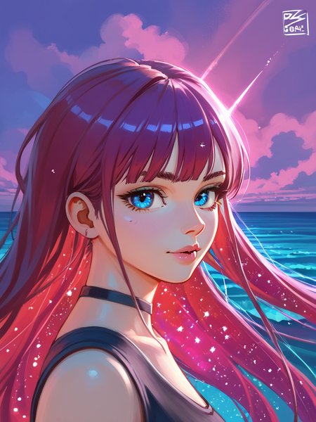 PDXL, <lora:KajpoV1:1>, k4jp0, volumetric reflections, volumetric shadows, HDR, shot on Canon DSLR,
1girl, cute face, detailed eyes, long red hair, blue eyes, upper body BREAK galaxy in the background, clouds