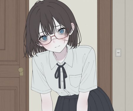 masterpiece, best quality, amazing quality, , 1girl, solo, glasses, scar on face, looking at viewer, shirt, skirt,  <lora:Happiiakujikijp ILL-v2:1> happiiakujikijp, detailed background