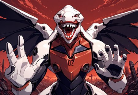 score_9, score_8_up, score_7_up, source_anime, <break> solo, Mass Production EVA, White Evangelion, mecha, robot, sharp teeth, open mouth, wings looking at you, fakemrbeast, hands up, apocalyptic background, red sky,