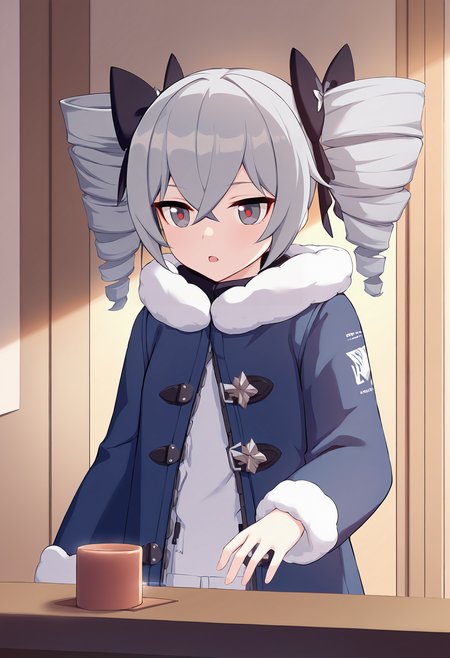 masterpiece, best quality,,detailed_background,indoors,at tart,1girl,solo,highres,black bow,hair between eyes,twin drills,honkai \(series\),fur trim,honkai impact 3rd,bronya zaychik,bronya zaychik \(snowy sniper\),drill hair,grey hair,grey eyes,open mouth,multiple hair bows,bow,blue coat,hair bow,long sleeves,upper body,coat,fur-trimmed coat