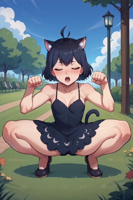 score_9, score_8_up, score_7_up, score_6_up, source_anime, BREAK 1girl,  <lora:secre-pdxl-nvwls-v1-000006:1> secre, horns, black hair, bare shoulders, spaghetti straps, black dress, blush, closed eyes, open mouth, cat ears, paw pose, crouching, black shoes, park, blue sky, grass