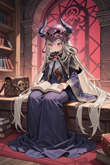 masterpiece, very aesthetic, absurdres, best quality, amazing quality, high resolution, <lora:illustrious_quality_modifiers_masterpieces_v1:0.8> , <lora:ChamIllustriousBackgroundEnhancer:0.5>,  solo, <lora:NecromancerIL:0.8> , necdef, 1boy, red eyes, long hair, very long hair, grey hair, skull, horned helmet, horns, fake horns, skull brooch, black capelet, robe, long sleeves, bag, sitting, academy, reading book, full body, walking,