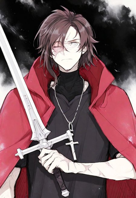 Solo , 1 boy ,  score_9, score_8_up, score_7_up, score_6 , day , grass background  , blazblue, Akai_rose , brown facial hair , grey eyes , eye scar in left eye , black t-shirt , red cape , wearing cross necklace , looking at viewer , front view  ,  angry , upper body only, upper body focus , closed eyes , neck lateral flexion , holding silver sword in front of his face , half of the face is covered by the sword