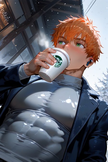 looking away, expressive manly face, 1boy, NapoliPizzaguy, orange hair, green eyes, short hair, manly, muscular, bara, covered mouth, shiny skin, holding cup of coffee, starbucks cup, drinking, boyfriend cosplay, earphones, tight white turtleneck, covered pecs and abs, black open coat, outdoors snowing, from below, dutch angle, dynamic angle, dynamic action, vignetting, vignette, dark environment,  dynamic action, dynamic angle, masterpiece, best quality, amazing quality, very aesthetic, absurdres, newest, very awa,