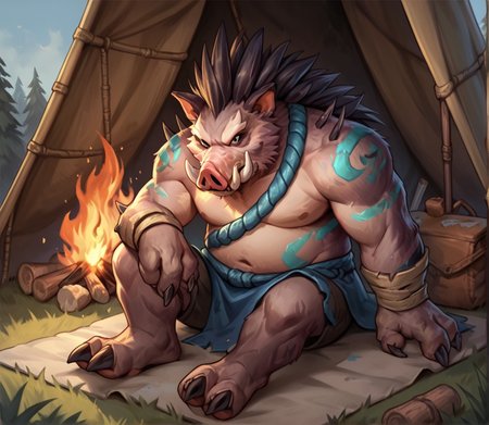 score_9_up,score_8_up,score_7_up,score_6_up,score_5_up,score_4_up, detailed, (best quality:1.2), hi res, digital media \(artwork\), rating_explicit, source_furry, source_monster, zPDXL3, BREAK,
solo,  campsite, blanket, field, simple tent, tribal, grey fur, campfire, sitting, watching fire, clothes, armor, loincloth,
quillboar, monster, snout, tusks, digitigrade, (quills), back spikes, arm spikes, three fingers, tribal markings, pig nose, claws, muscular, pectorals, chubby, shoulder spikes, two toes, fur, black fur, grey fur,
<lora:Quillboar for Pony:0.7>, <lora:AdvancedEnhancerXLv2:2>