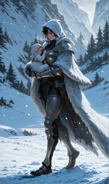 masterpiece, best quality, amazing quality, [from side::2], 1girl, knight, short hair, eyes, full plate armor, heavy fur cloak, pauldrons, breastplate, gauntlets, greaves, cuisses, chainmail, sheathed, hood, (babywearing:1.2), baby in arms, warm covered baby, wrapped in blanket, covered head, outdoors, walking, (snowy mountain pass:1.0), harsh blizzard, strong wind, snow-covered rocks, ice crystals in air, deep snow, footprints in snow, frozen breath, misty background, overcast sky, (dark shadows:0.7), (high contrast:0.7), dynamic pose, volumetric lighting, intricate details, blurry background, depth of field <lora:spo_sdxl_10ep_4k-data_lora_webui:1.0> <lora:illustriousXL_stabilizer_v1.23:0.7000000000000001> <lora:illustrious_quality_modifiers_masterpieces_v1:0.6> <lora:klskx_wai:0.7000000000000001>