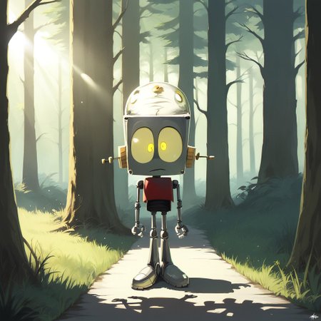 score_9, score_8, score_7, break, solo, robot_whtrj, robot, yellow eyes, forest, trees, sunlight, shadow, natural lighting