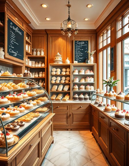 A beautifully designed, elegant pastry shop with a luxurious European-inspired aesthetic. The interior features intricate moldings, high ceilings, and large arched windows that allow natural daylight to stream in, casting a soft glow over the polished marble floors. The walls are adorned with pastel-colored wallpaper, delicate gold accents, and vintage-style framed paintings of pastries and tea sets.
The centerpiece of the shop is a long glass display case filled with an exquisite assortment of pastries, including colorful macarons, delicate éclairs, fruit tarts with glistening glaze, and elegantly decorated cakes with intricate sugar flowers. Behind the counter, shelves lined with neatly arranged boxes of artisanal chocolates, fine teas, and jars of homemade jam add to the refined atmosphere. Crystal chandeliers hang from the ceiling, casting a warm golden light that reflects off the glass surfaces.
Small round tables with marble tops and wrought iron chairs are arranged neatly throughout the space, each set with fine porcelain teacups and decorative napkins. A large antique-style clock hangs on the wall above a wooden shelving unit filled with fresh baguettes and croissants resting in woven baskets. The air is filled with the inviting scent of fresh-baked pastries, vanilla, and rich espresso.
In the background, a grand espresso machine with polished brass fittings sits atop a marble counter, next to a beautifully arranged tiered cake stand displaying freshly made confections. A large, arched doorway with a carved wooden frame leads to a cozy back room with additional seating and a vintage-style menu board showcasing the shop's specialties written in elegant calligraphy. The entire setting evokes a sense of refinement, charm, and indulgence, with a warm and welcoming ambiance.
<lora:SDXLFaeTastic2400:0.4> <lora:extremely_detailed:0.4> extremely detailed, <lora:elegant_p4stry_sh0p_illus:1>,elegant p4stry sh0p, Masterpiece,best quality,hi res,8k,hi res,8k,award winning,(sharp focus, intricate, highly detailed),