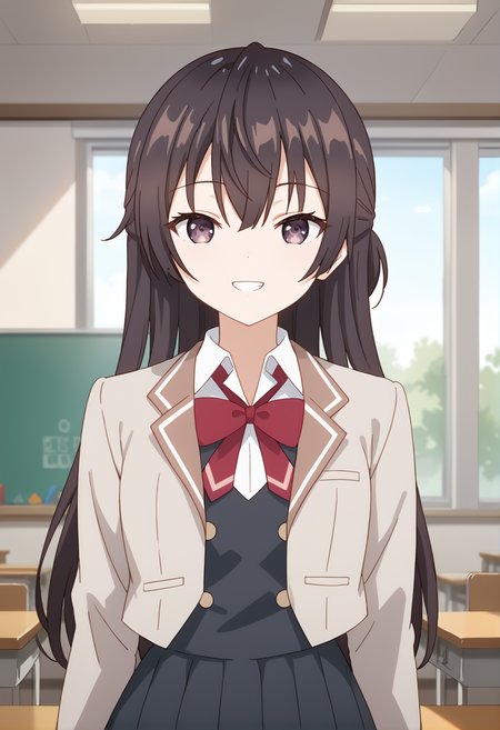 score_9, score_8_up, score_7_up, source_anime, masterpiece, best quality, highly detailed background, cinematic lighting, detailed eyes, detailed pupils, perfect face, Yuki Suou, unique outfit, looking at viewer, cute, smile, upper body, front view, teeth, school, classroom, window, midday
 <lora:Yuki_Suou_Pony:0.8>