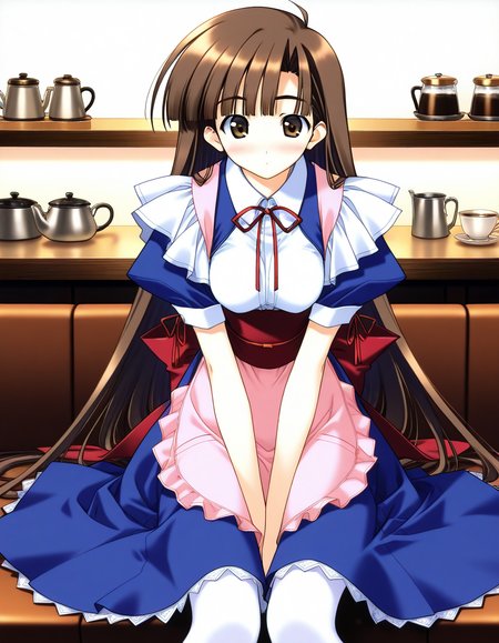 general,highres, ultra-detailed,very aesthetic,best quality ,best hands,  BREAK <lora:Mikage_Subaru_IS:1> Mikage_Subaru, 1girl,solo, brown hair, brown eyes, very long hair, bangs, medium breasts,
apron, pantyhose, white pantyhose, sitting, maid, blush, v arms, waitress, red ribbon, pink apron, red sash, blue skirt,
cafe,