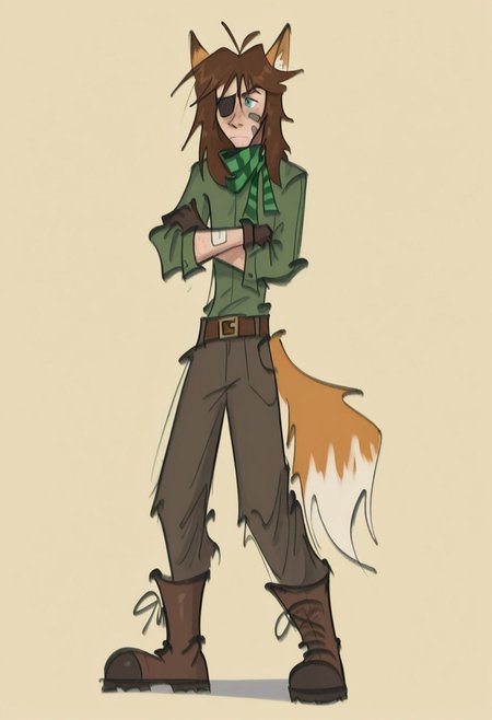 best quality, detailed face, detailed eyes, , , 
by vor sirkov
1boy, animal ears, bandage on face, bandaid, bandaid on face, belt, boots, borrowed character, brown hair, crossed arms, eyepatch, fox boy, fox ears, fox tail, gloves, green eyes, long hair, male focus, scarf, solo, tail