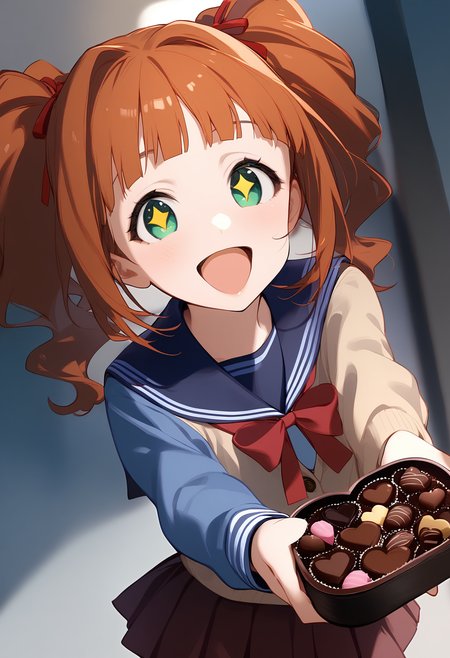 1girl,
takatsuki yayoi,


solo, twintails, blush, smile, skirt, heart-shaped chocolate, sparkling eyes, chocolate, neck ribbon, :d, heart, open mouth, sailor collar, box, cardigan, blue sailor collar, incoming food, green eyes, looking at viewer, long sleeves, candy, school uniform, brown hair, ribbon, giving, holding, blunt bangs, red ribbon, pleated skirt, food, valentine, giving food, holding food,

sfw
<lora:a31_char_new_takatsuki_yayoi:1> <lora:a31_style_koni-000010:0.8>