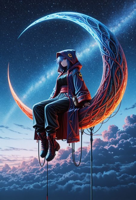 masterpiece, best quality, very aesthetic, absurdres, highres, vivid, artistic, stylized, 8k, hdr, anime coloring, night, crescent,  sitting on crescent, starry sky, clouds
wizard, hooded coat, mad-cable, deep-red and purple, sash, closed coat, layered clothing, tailored trousers, boots, staff, tome, pouch,