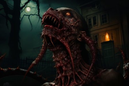 Photography, photorealistic, insanely real life detailed, 8k, highest resolution possible, sharp focus, taken with professional DSLR and lenses, cinematic, taken best skilled cinematographer, 
monster, horror \(haunted house\), Darkness,
haunted house,night,dark,sparse Candlelight, creepy, scary,terrifying, haunted,
horror movie atmosphere, cinematic dark night time lighting and dramatic shadows,
Cinematically realistic horror and gore scene of a <lora:Reel_WHorror_1_2_9_ReWo_n:1> , indoors, eyes,
extra eyes,
blood,
tentacles,
horn,
flesh,
veins, multiple limbs, blood pool, teeth, rim lighting, pov, (8K, RAW photo, best quality:1.2, masterpiece:1.2), (realistic, photo-realistic:1.2), ultra-detailed,