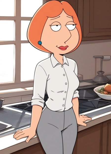 score_9, score_8_up, score_7_up, loisgriffin, 1girl, source_cartoon, orange-hair, tight white shirt, gray pants, in the kitchen, upper body
 <lora:LoisGriffin-PonyXL:1>